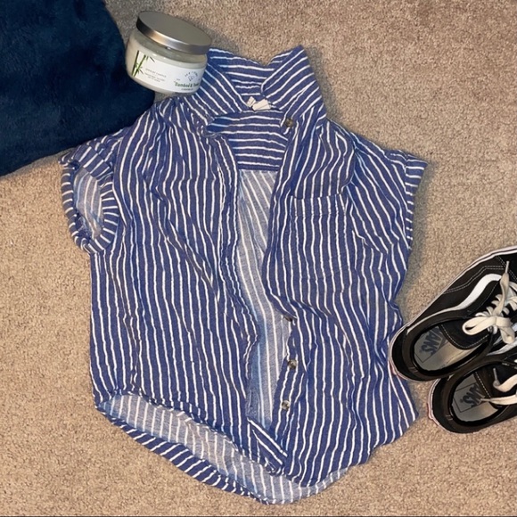 Japna Button Down Tee, Striped Blue and White, XS - Picture 1 of 6